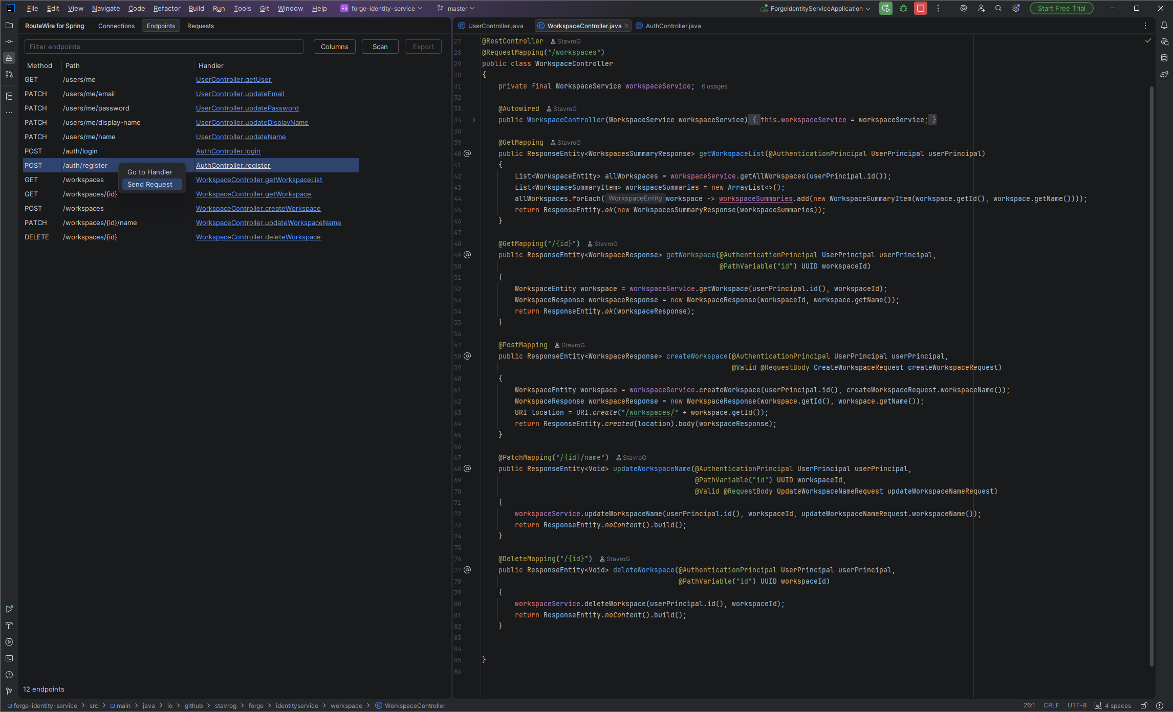 Discovered Spring endpoints with HTTP methods, handler links, and the Go to Handler and Send Request menu