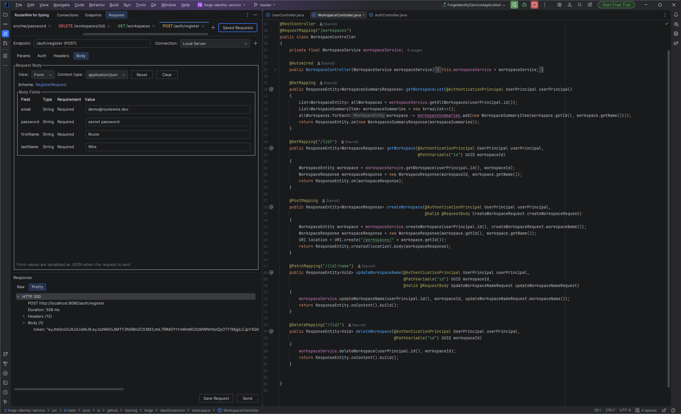 RouteWire request body editor and HTTP 200 response alongside Spring controller source code