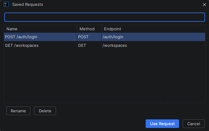 RouteWire Saved Requests dialog listing POST /auth/login and GET /workspaces, with the login request selected and Use Request available